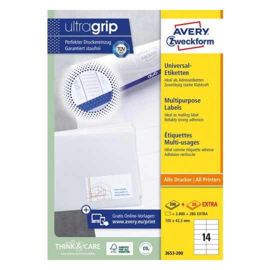Packungsabbildung: Avery Zweckform Universal-Etiketten, permanent haftend, Artikel:  3653-200, Format: 105 x 42,3 mm, Druckereignung: Inkjet,Laser s/w,Farblaser, Inhalt: 3.080 Etiketten / 220 Bögen, 14 Etiketten/Bogen