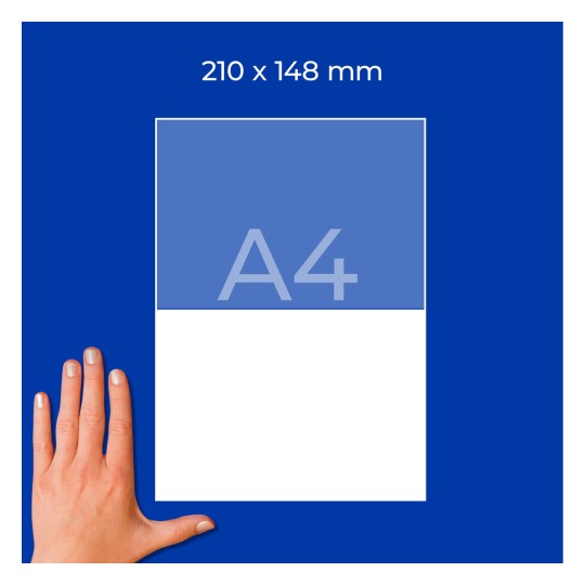 Hand neben einem A4-Papierdiagramm auf blauem Hintergrund mit der Beschriftung „210 x 148 mm“?