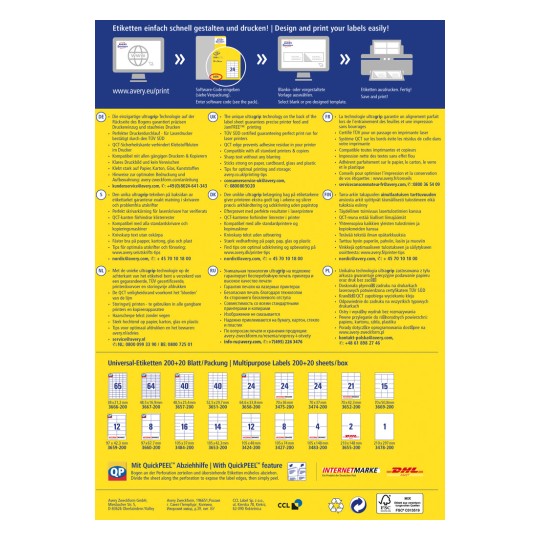 Das Bild ist eine detaillierte Anleitung zum Avery-Etikettendruck, die die Technologie hinter ihren Etiketten und Druckfunktionen zeigt. Es enthält Anleitungen in mehreren Sprachen und eine Tabelle mit Etikettenspezifikationen.