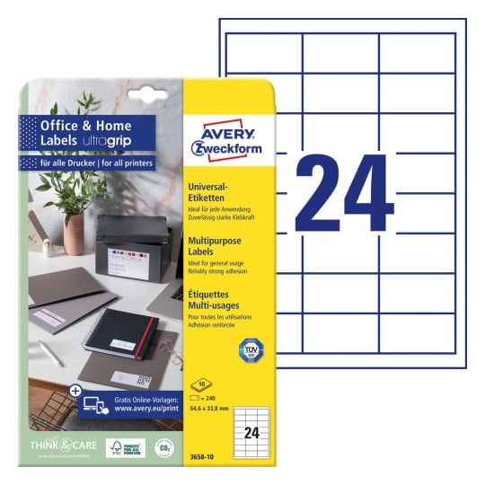 Packungsabbildung mit Etikettenbogen: Avery Zweckform Etiketten, Home Office, Kleinpackung, Artikel: 3658-10, Format: 64,6 x 33,8 mm, Druckereignung: Inkjet,Laser s/w,Farblaser, Inhalt: 240 Etiketten / 10 Bögen, 24 Etiketten/Bogen
