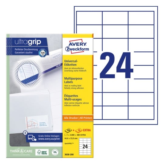 Packungsabbildung mit Etikettenbogen: Avery Zweckform Universal-Etiketten, Artikel:  3658-200, Format: 64,6 x 33,8 mm, Druckereignung: Inkjet,Laser s/w,Farblaser, Inhalt: 5.280 Etiketten / 220 Bögen, 24 Etiketten/Bogen
