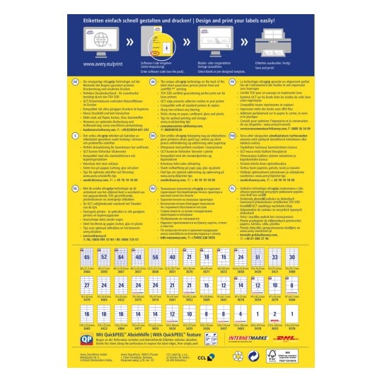 Das Bild zeigt einen Leitfaden zum Etikettendrucken mit Details zur Ultragrit-Technologie und mehrsprachigen Beschreibungen für Etikettendesign- und Drucktipps sowie verschiedene Etikettenformate und Spezifikationen.