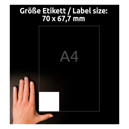 Größenvergleich mit Hand, Artikel: 3661, ein Bogen Universal-Etiketten, Format: 70 x 67,7 mm, Farbe: Weiß
