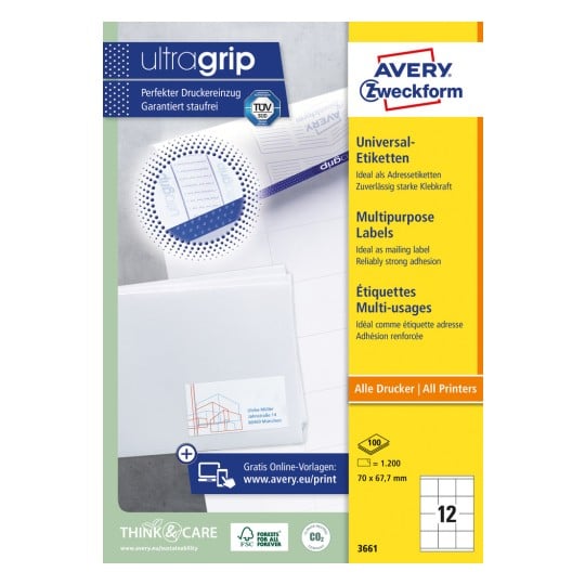 Packungsabbildung: Avery Zweckform Universal-Etiketten, permanent haftend, Artikel:  3661, Format: 70 x 67,7 mm, Druckereignung: Inkjet,Laser s/w,Farblaser, Inhalt: 1.200 Etiketten / 100 Bögen, 12 Etiketten/Bogen