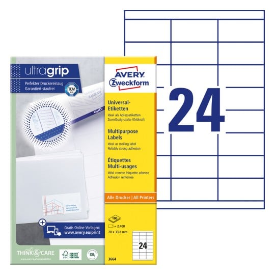 Packungsabbildung mit Etikettenbogen: Avery Zweckform Universal-Etiketten, Artikel: 3664, Format: 70 x 33,8 mm, Druckereignung: Inkjet,Laser s/w,Farblaser, Inhalt: 2.400 Etiketten / 100 Bögen, 24 Etiketten/Bogen