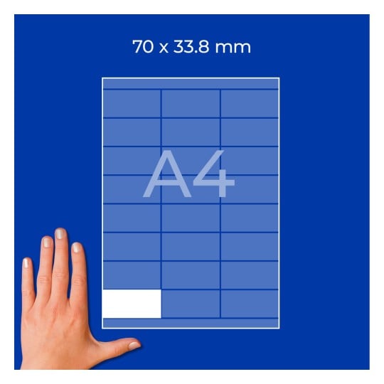 A4-Blatt mit Rasterlayout und den Abmessungen 70 x 33,8 mm, Hand unten links?