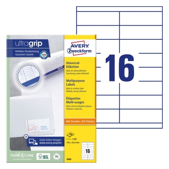 Packungsabbildung mit Etikettenbogen: Avery Zweckform Universal-Etiketten, Artikel: 3665, Format: 105 x 33,8 mm, Druckereignung: Inkjet,Laser s/w,Farblaser, Inhalt: 1.600 Etiketten / 100 Bögen, 16 Etiketten/Bogen