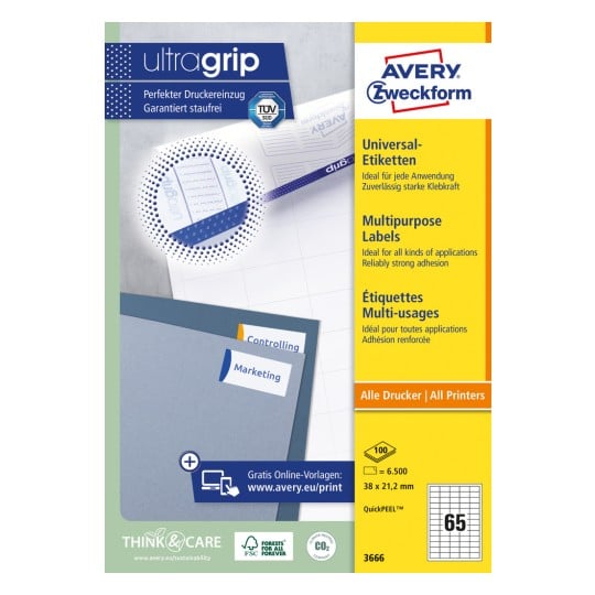 Packungsabbildung: Avery Zweckform Universal-Etiketten, permanent haftend, Artikel:  3666, Format: 38 x 21,2 mm, Druckereignung: Inkjet,Laser s/w,Farblaser, Inhalt: 6.500 Etiketten / 100 Bögen, 65 Etiketten/Bogen