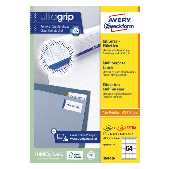Packungsabbildung: Avery Zweckform Universal-Etiketten, permanent haftend, Artikel:  3667-200, Format: 48,5 x 16,9 mm, Druckereignung: Inkjet,Laser s/w,Farblaser, Inhalt: 14.080 Etiketten / 220 Bögen, 64 Etiketten/Bogen