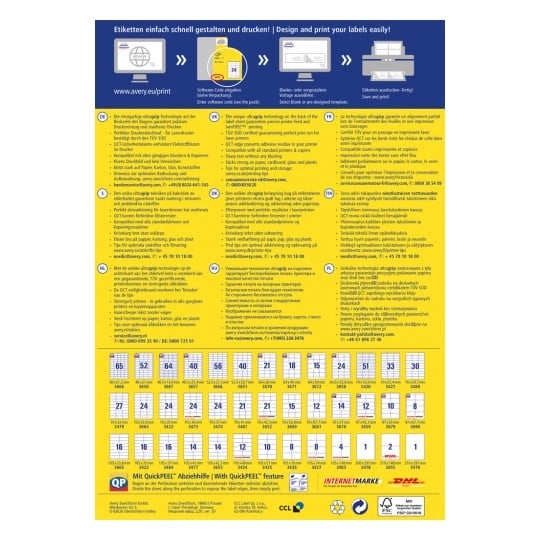The image is a multilingual guide for designing and printing labels, detailing technology features, compatibility, and tips for optimal printing with reference to Avery products.