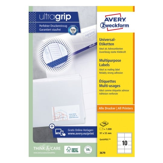 Packungsabbildung: Avery Zweckform Universal-Etiketten, permanent haftend, Artikel:  3679, Format: 97 x 55 mm, Druckereignung: Inkjet,Laser s/w,Farblaser, Inhalt: 1.000 Etiketten / 100 Bögen, 10 Etiketten/Bogen