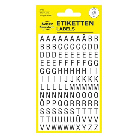 Packungsabbildung: Avery Zweckform Buchstaben und Zahlen, Artikel:  3720, Format: 85 x 160 mm, Inhalt: 240 Sticker / 2 Bögen, 120 Sticker/Bogen