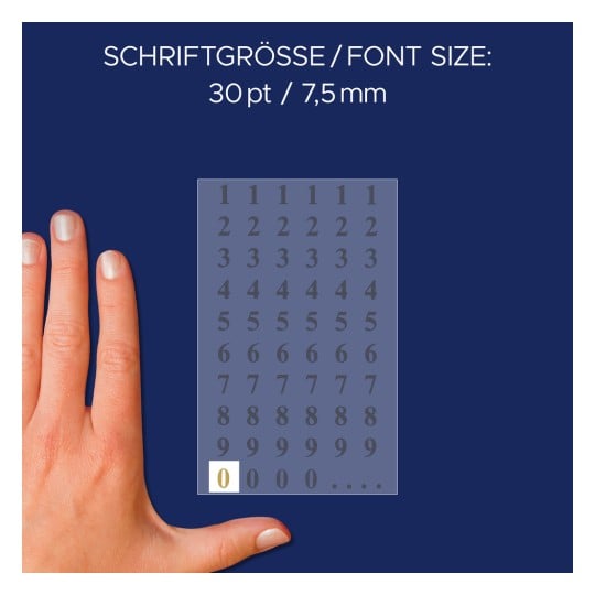 Ein Bild zeigt eine Hand neben einem Panel, das Zahlen in einer bestimmten Schriftgröße anzeigt. Der Text darüber gibt die Schriftgröße mit 30 pt oder 7,5 mm an.