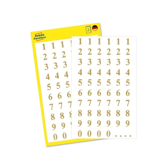 Packungsabbildung mit Etikettenbogen: Avery Zweckform Zahlen-Etiketten, Artikel: 3728, Format: 85 x 160 mm, Inhalt: 120 Sticker / 2 Bögen, 60 Sticker/Bogen