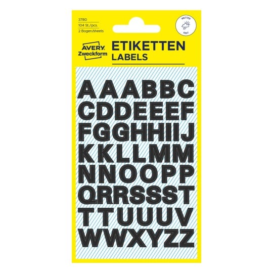 Packungsabbildung: Avery Zweckform Buchstaben und Zahlen, Artikel:  3780, Format: 85 x 160 mm, Inhalt: 104 Sticker / 2 Bögen, 52 Sticker/Bogen