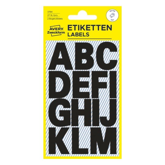 Packungsabbildung: Avery Zweckform Buchstaben und Zahlen, Artikel:  3784, Format: 85 x 160 mm, Inhalt: 28 Sticker / 2 Bögen, 14 Sticker/Bogen