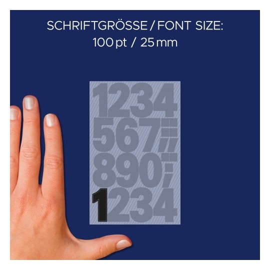 Größenvergleich mit Hand, Artikel: 3785, ein Bogen Zahlen-Etiketten, Format: 85 x 160 mm, Farbe: Schwarz