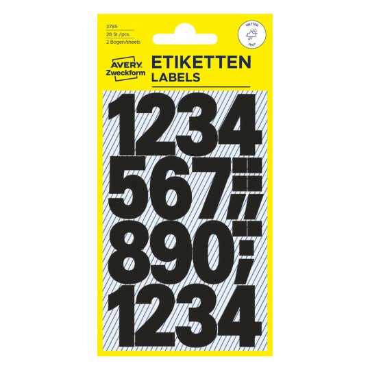 Packungsabbildung: Avery Zweckform Buchstaben und Zahlen, Artikel:  3785, Format: 85 x 160 mm, Inhalt: 28 Sticker / 2 Bögen, 14 Sticker/Bogen
