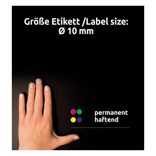 Größenvergleich mit Hand, Artikel: 3853, ein Bogen Markierungspunkte, Format: ⌀ 10 mm, Farbe: Blau