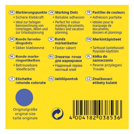 Das Bild zeigt eine Produktverpackung mit Etiketten in verschiedenen Sprachen, die Markierungspunkte und deren Verwendungszwecke beschreiben, einschließlich zuverlässiger Haftung für die Farbmarkierung von Dokumenten.