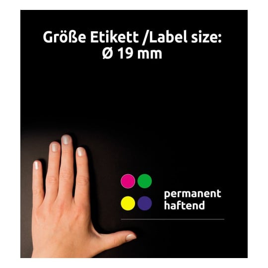 Ein Bild zeigt eine Hand neben einem Etikett, das eine Größe von Ø 19 mm angibt. Es zeigt außerdem bunte Punkte und den Text 'permanent haftend'.