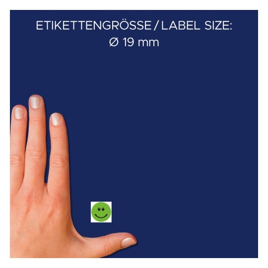 Größenvergleich mit Hand, Artikel: 3858, ein Bogen Bewertungspunkte, Format: ⌀ 19 mm, Farbe: Grün