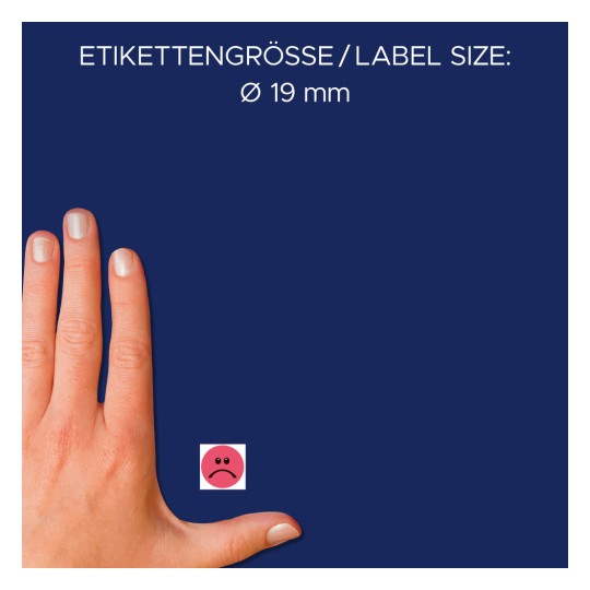 Größenvergleich mit Hand, Artikel: 3859, ein Bogen Bewertungspunkte, Format: ⌀ 19 mm, Farbe: Rot