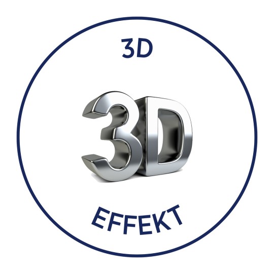 Das Bild zeigt eine glänzende, metallische 3D-Darstellung der Zahl '3D' mit dem Wort 'EFFEKT' darunter, alles umrahmt von einem kreisförmigen Rand.