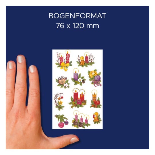 Das Bild zeigt verschiedene dekorative Aufkleber mit Kerzen, Ornamenten und festlichen Elementen, wobei eine Hand die Größe zum Vergleich anzeigt. Die Abmessungen der Aufkleber sind 76 x 120 mm.