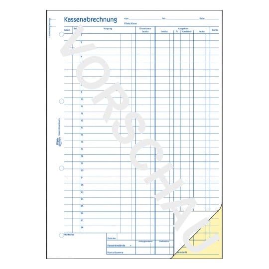 Formularabbildung: Avery Zweckform, Artikel: 428, Kassenabrechnung, 210 x 297 mm, A4, 2 x 50 Blatt/Buch