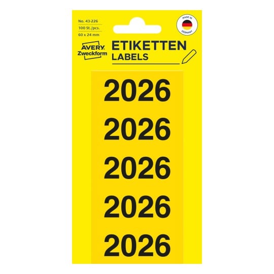 Packungsabbildung: Avery Zweckform Ordneretiketten mit Jahreszahl, Artikel:  43-226, Format: 60 x 24 mm, Inhalt: 100 Etiketten / 20 Bögen, 5 Etiketten/Bogen