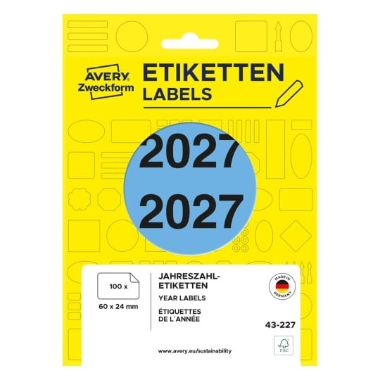 Avery Etikettenpack mit Jahresetiketten 2027 auf einem leuchtend gelben Hintergrund.