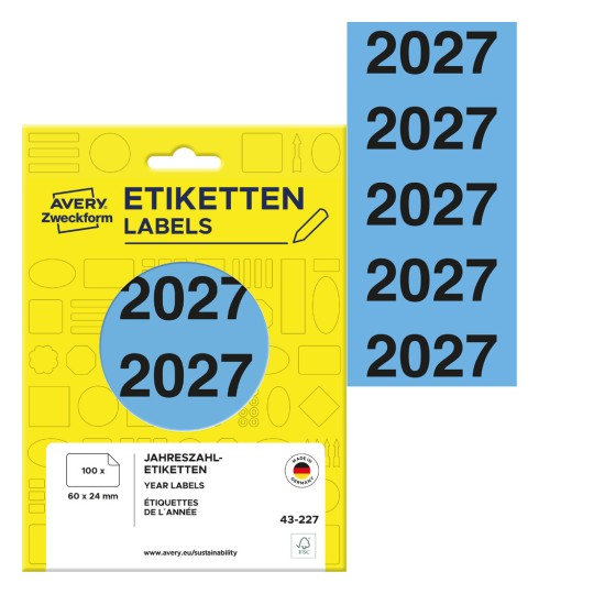 Avery-Etikettenpackung mit Jahresetiketten für 2027, auf gelbem Hintergrund angezeigt.