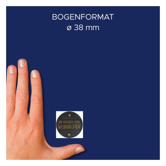 Größenvergleich mit Hand, Artikel: 4376, ein Bogen Rollen-Etiketten, Format: ⌀ 38 mm, Farbe: Schwarz, Gold