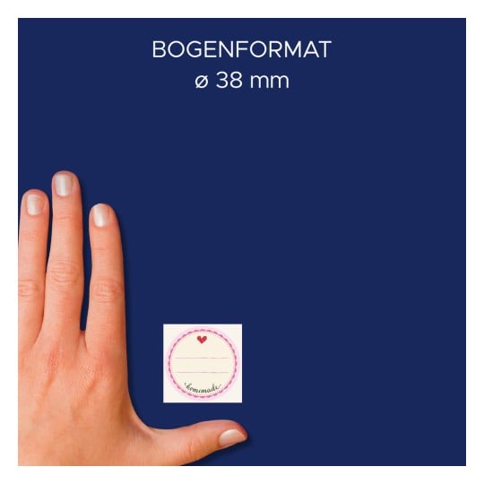 Größenvergleich mit Hand, Artikel: 4380, ein Bogen Rollen-Etiketten, Format: ⌀ 38 mm, Farbe: Blau, Rosa, Violett