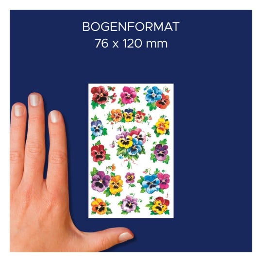 Größenvergleich mit Hand, Artikel: 4398, ein Bogen Blumenaufkleber, Format: 85 x 160 mm, Farbe: Bunt