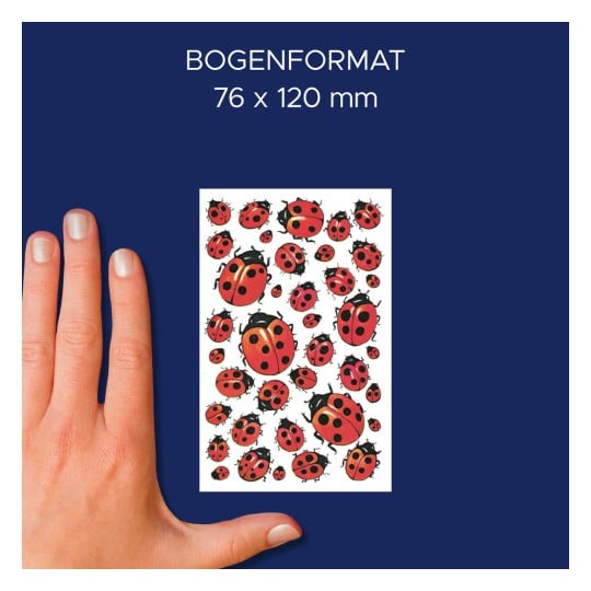 Größenvergleich mit Hand, Artikel: 4400, ein Bogen Deko Sticker, Format: 85 x 160 mm, Farbe: Rot, Schwarz