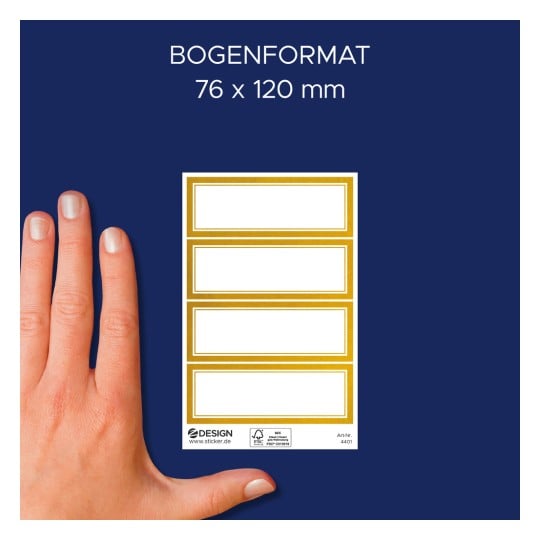 Größenvergleich mit Hand, Artikel: 4401, ein Bogen Sticker zum Beschriften, Format: 85 x 160 mm, Farbe: Gold, Weiß