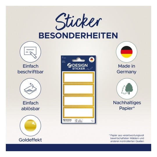 Das Bild zeigt eine Packung Design-Aufkleber mit Goldeffekt, die für einfaches Beschriften und abnehmbare Anwendung gestaltet sind. Sie weisen darauf hin, dass sie in Deutschland hergestellt und aus nachhaltigem Papier gefertigt sind.