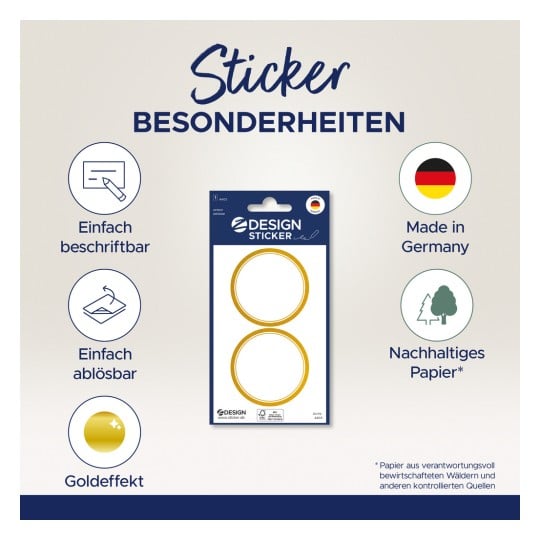 Das Bild zeigt ein Sticker-Paket, das seine Eigenschaften auf Deutsch hervorhebt. Es beinhaltet einen Header mit der Aufschrift „Sticker Besonderheiten“ und Symbole, die angeben, dass das Produkt beschreibbar, ablösbar, mit Gold-Effekt, in Deutschland hergestellt und aus nachhaltigem Papier gefertigt ist.