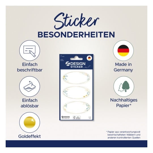 Das Bild zeigt ein Set dekorativer Aufkleber mit Blumendesigns. Es hebt ihre besonderen Merkmale hervor: leicht zu beschreiben, leicht zu entfernen, hergestellt in Deutschland und aus nachhaltigem Papier gefertigt, mit Goldeffekt.