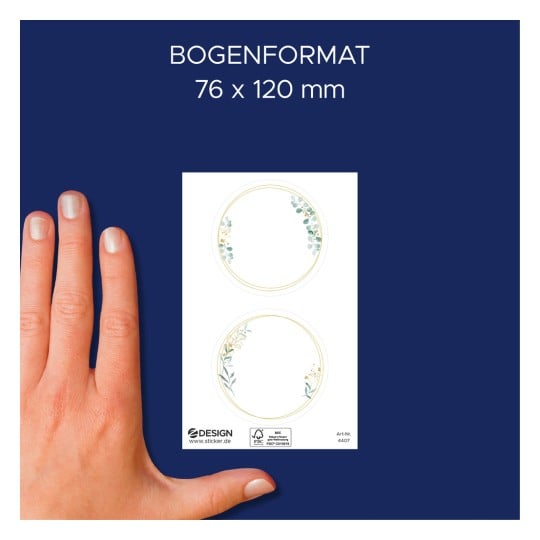 Größenvergleich mit Hand, Artikel: 4407, ein Bogen Sticker zum Beschriften, Format: 85 x 160 mm, Farbe: Gold, Grün, Weiß