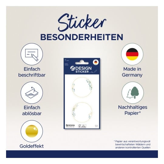 Das Bild zeigt ein Set dekorativer Aufkleber mit Eigenschaften wie einfacher Beschriftung, ablösbarem Klebstoff, Goldeffekt und nachhaltiger Herstellung in Deutschland.