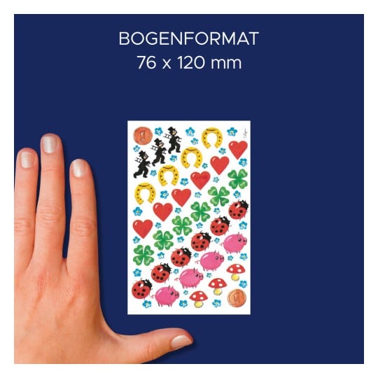 Größenvergleich mit Hand, Artikel: 4413, ein Bogen Deko Sticker, Format: 85 x 160 mm, Farbe: Bunt