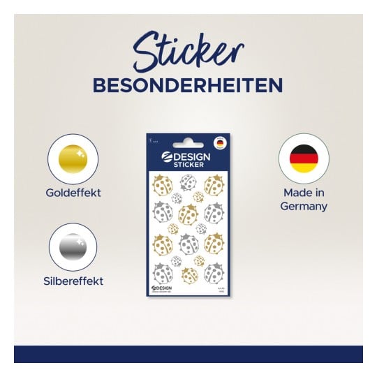 Das Bild zeigt ein Stickerblatt mit verschiedenen Designs von Marienkäfern in Gold- und Silbereffekten, die als 'Design Sticker' bezeichnet sind. Es wird erwähnt, dass das Produkt in Deutschland hergestellt wird.