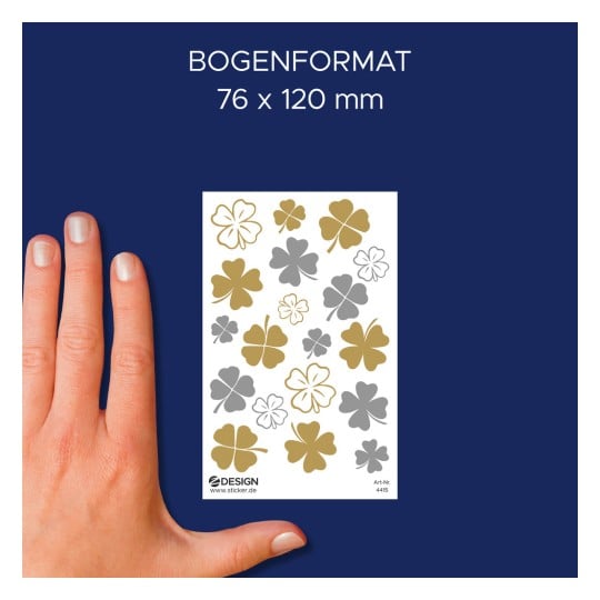 Größenvergleich mit Hand, Artikel: 4415, ein Bogen Deko Sticker, Format: 85 x 160 mm, Farbe: Transparent, Gold, Silber