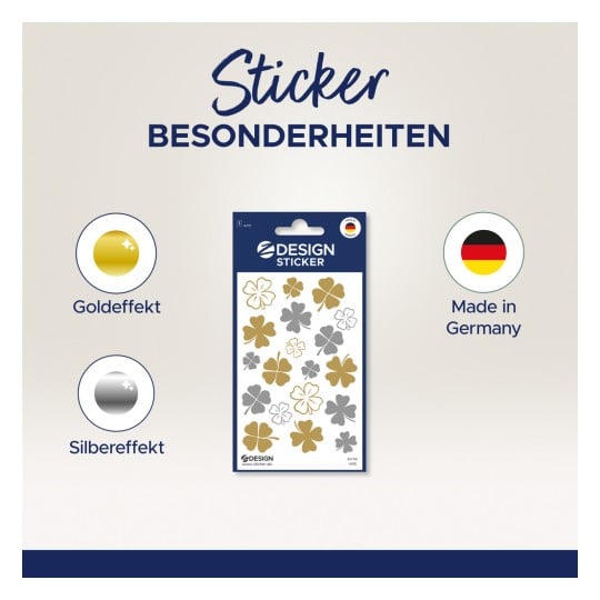 Das Bild zeigt ein Sticker-Set mit verschiedenen Blumendesigns in Gold- und Silbereffekten, mit dem Text 'Made in Germany'.