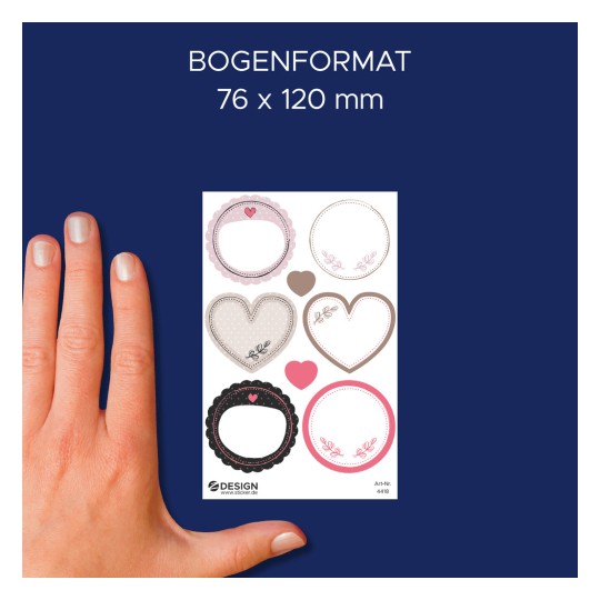 Größenvergleich mit Hand, Artikel: 4418, ein Bogen Sticker zum Beschriften, Format: 85 x 160 mm, Farbe: Bunt