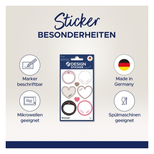 Das Bild zeigt ein Set dekorativer Aufkleber mit verschiedenen Designs, darunter Herzen und Rahmen. Es hebt ihre Merkmale hervor, wie z.B. beschreibbar mit Markern, mikrowellengeeignet und spülmaschinenfest. Das Produkt wird in Deutschland hergestellt.
