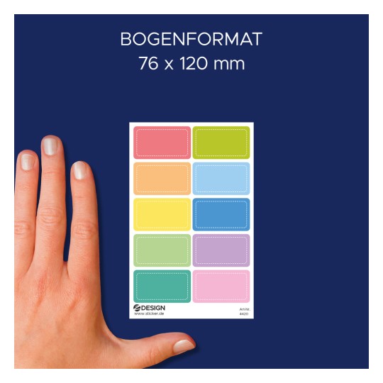 Größenvergleich mit Hand, Artikel: 4420, ein Bogen Sticker zum Beschriften, Format: 85 x 160 mm, Farbe: Bunt